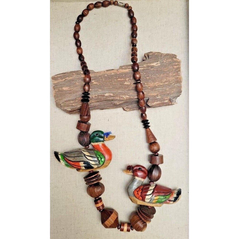 Rare Vintage Chunky Carved Wood Mallard Duck Ducks Necklace Wood Stain